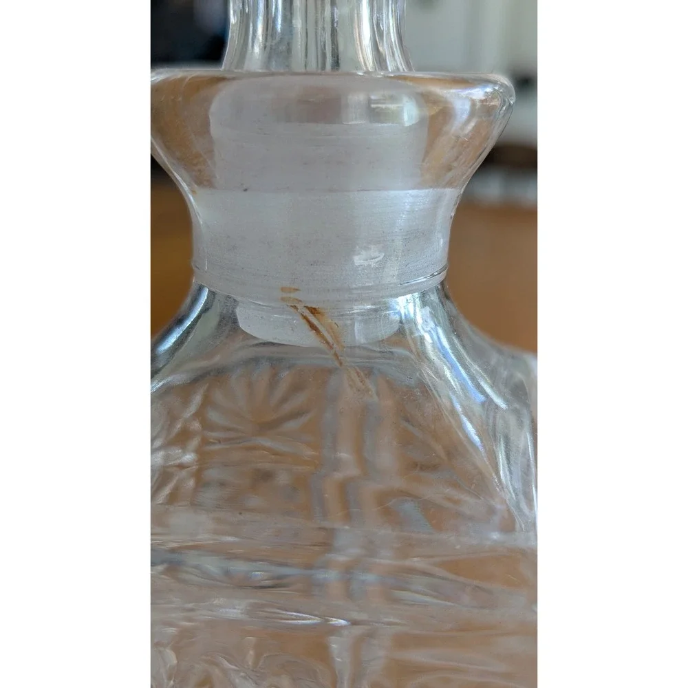 Vintage Clear Cut Crystal Square Decanter with Ribbed Stopper Starburst Pattern